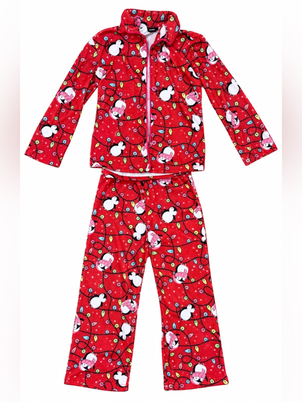 Joe Boxer Girls Size 6/6X Christmas Penguin Fleece Pajama Set Red Holiday PJs